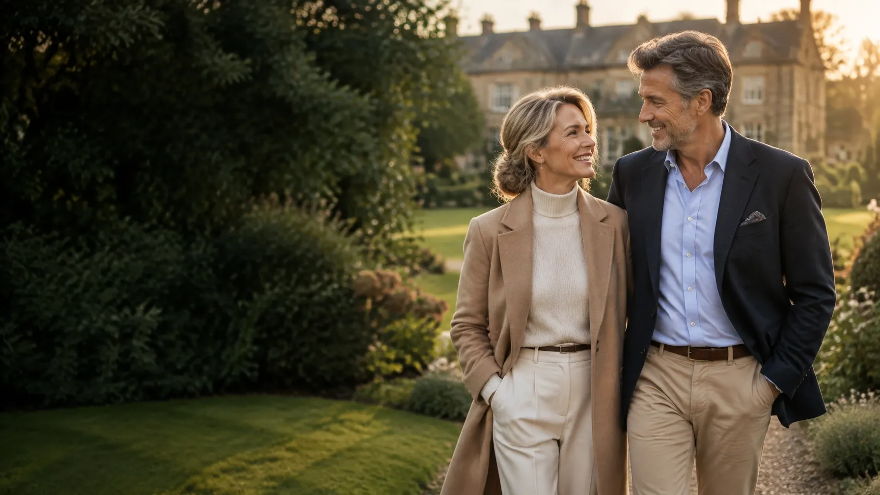 A mature couple sharing a relaxed moment in an English country garden